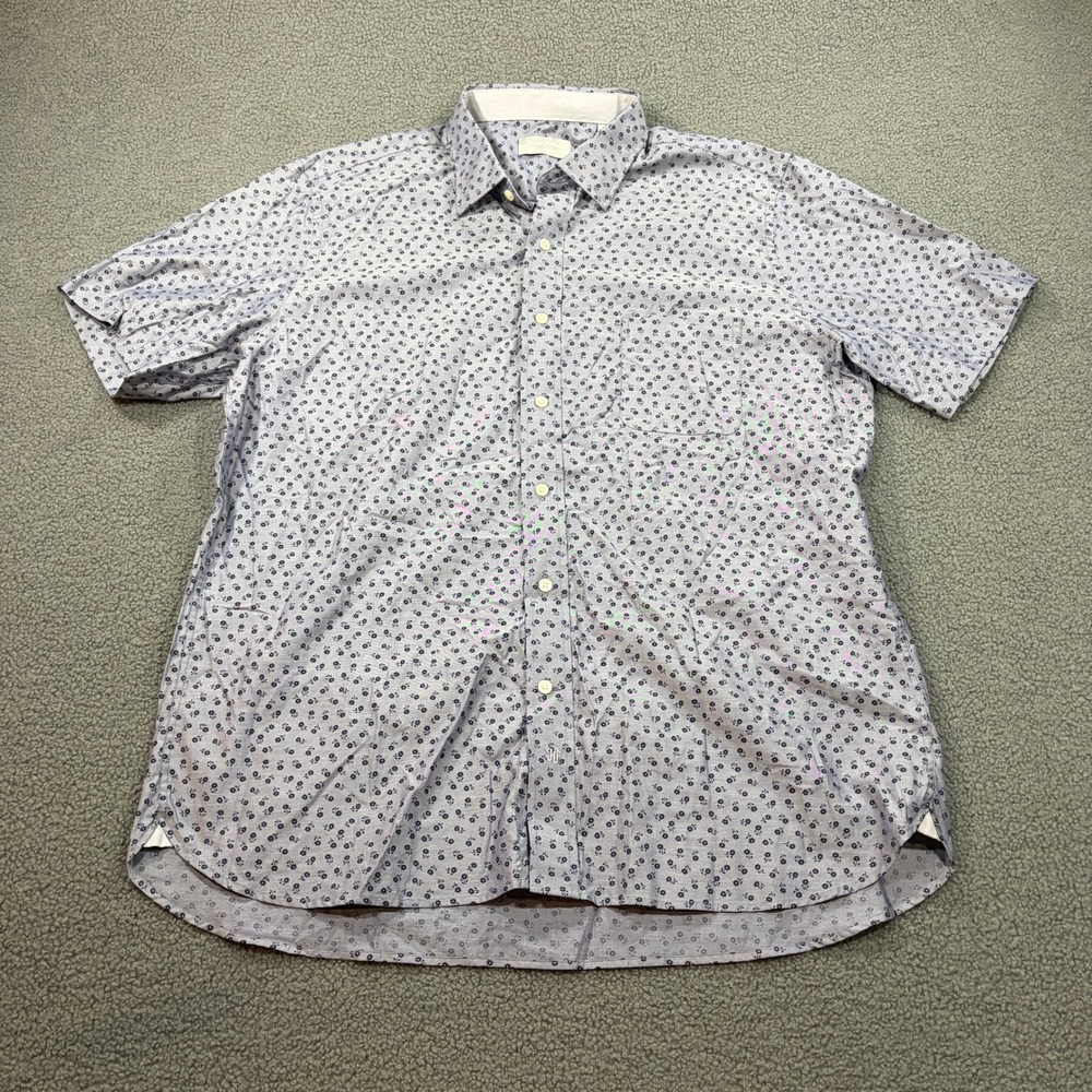 Hickey Freeman Button Down Shirt Mens 2XL Blue Floral Short Sleeve Cotton 8030
